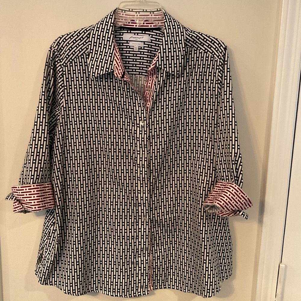 Foxcroft Black and White with Red Accents Button Down Shirt Wrinkle-Free